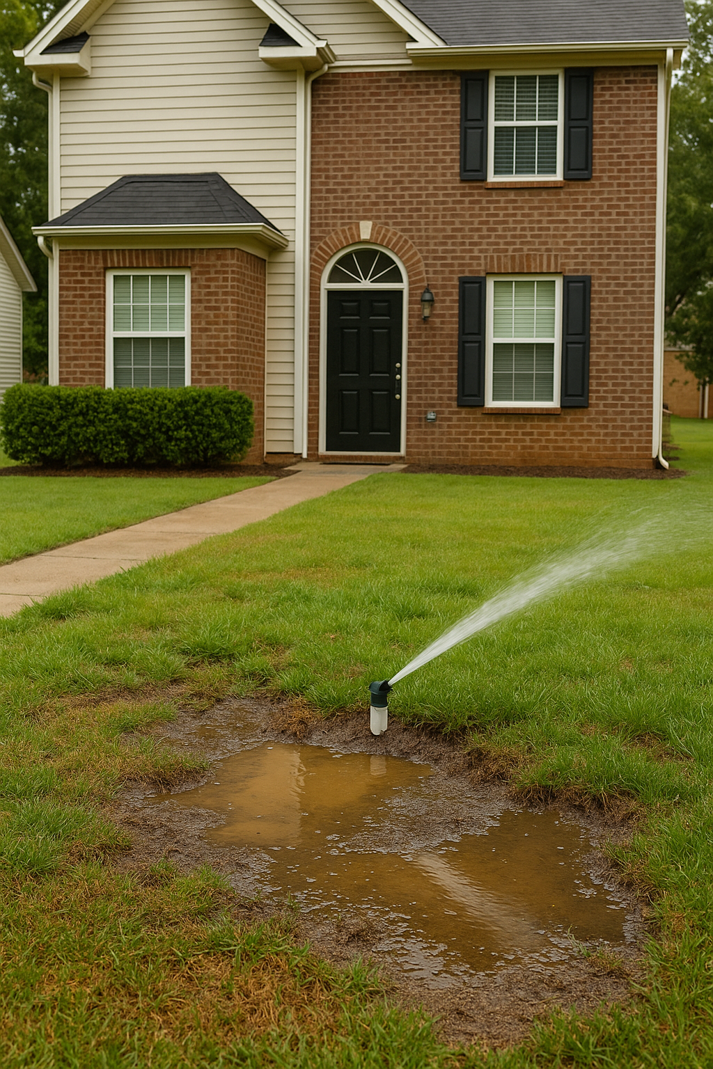 house with malfunctioning sprinkler causing pooling water near a foundation
